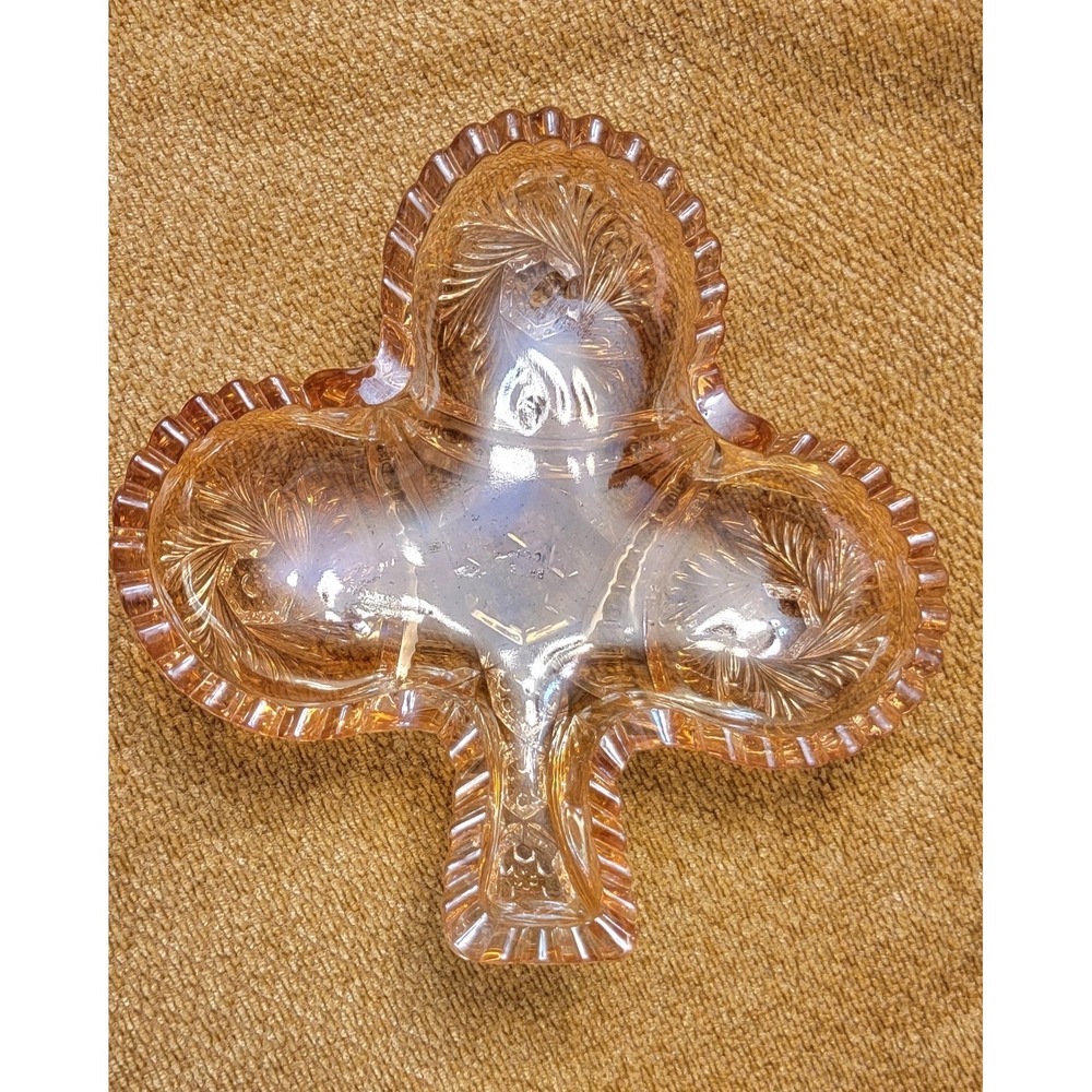 Vintage Amber Sawtooth Edge Clover Club Shape Candy/Nut Dish Luster Iridescent